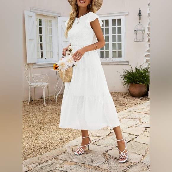 Merokeety Women’s Short Sleeve Swiss Dot Dress, White -Medium - Picture 1 of 11